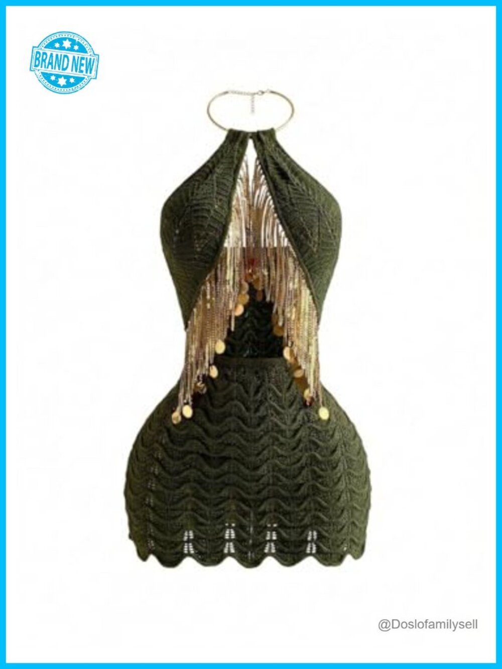 Sequin Fringe Cut Out Halter Bodycon Crochet Mini Dress